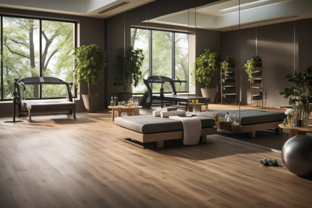 Modern living room interior design with furniture and wooden floor. 3d renderingの素材