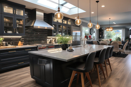 Interior of modern kitchen with black furniture, 3d render.の素材
