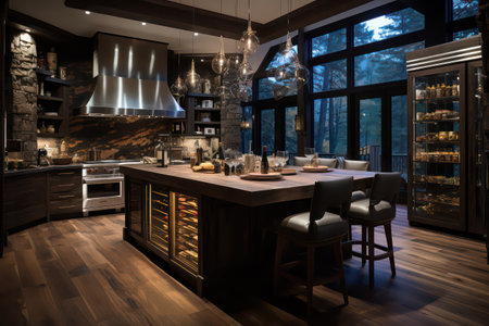 Interior of a modern kitchen with wooden countertop. 3d renderingの素材