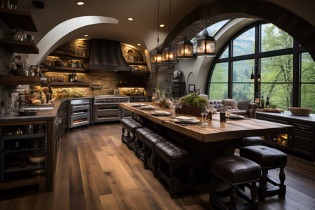 Interior of a modern restaurant with wooden furniture and beautiful view.の素材