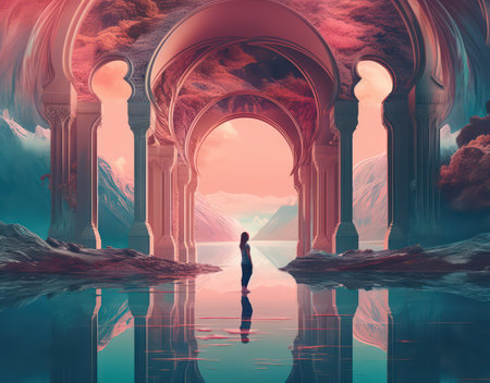 Conceptual 3D illustration of a woman standing in the middle of an archway with a beautiful landscape in the backgroundの素材