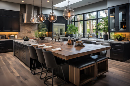 Interior of modern kitchen with black and white furniture and dining tableの素材
