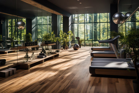Interior of a modern fitness studio with yoga and pilates equipmentの素材