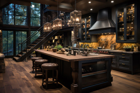 3d rendering of a beautiful kitchen in a loft with a wooden floorの素材