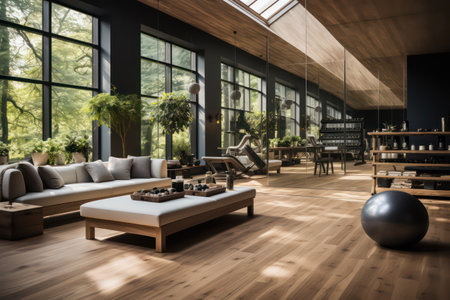 Interior of modern living room with wooden walls, wooden floor and brown sofa with fitness ball. 3d renderingの素材