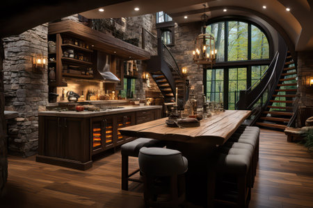 Interior of a luxury kitchen with wooden countertop and black chairsの素材