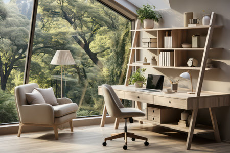 Interior of modern living room with wooden table, chair and bookcaseの素材