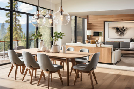 Modern living room interior with wooden furniture, panoramic window and mountain viewの素材