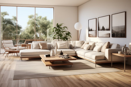 Modern living room interior with white sofa and coffee table. 3d renderの素材