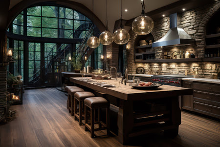 Luxury dining room with wooden table and chairs. Interior design.の素材
