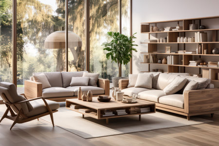 Modern living room interior design with wooden furniture, sofa and coffee table. 3D Renderingの素材