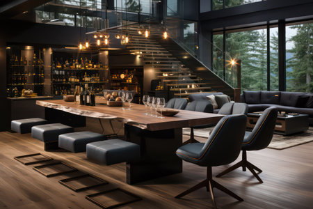 Interior of modern restaurant with wooden walls, concrete floor, black and white sofas and tables with chairs. 3d renderingの素材