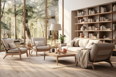 Modern living room interior design with armchairs and coffee table. 3d renderの素材