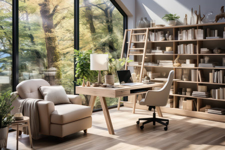 Interior of modern living room with wooden bookshelf and armchairの素材