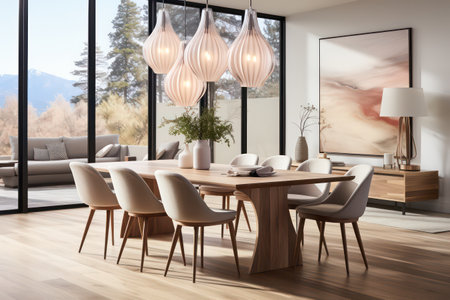 Interior of modern living room with panoramic window, wooden dining table and chairs. 3d renderの素材