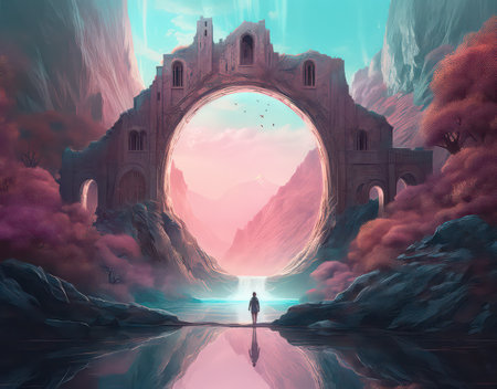 Fantasy landscape with a woman standing in front of the entrance to the caveの素材