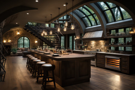 Interior of a luxury restaurant with wooden bar counter, bar chairs and fireplaceの素材