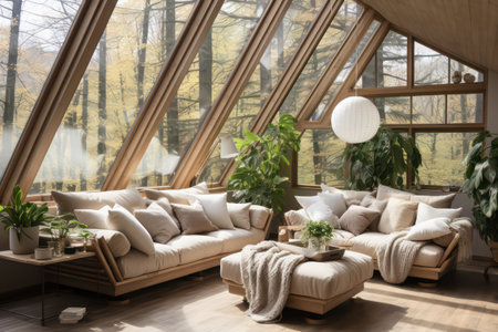 Interior of modern living room with wooden roof, panoramic viewの素材
