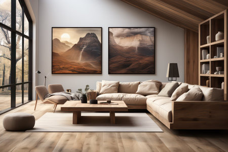 Interior of modern living room with wooden walls, wooden floor, brown sofa, coffee table and bookcase. 3d renderingの素材