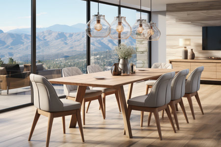 Side view of modern dining room interior with wooden floor, panoramic window and city view. 3d renderingの素材