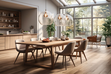 Interior of modern kitchen with white walls, wooden floor, panoramic window and dining table with chairs. 3d renderingの素材