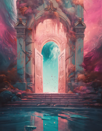 Mystical door in fantasy landscape. Digital painting. 3D illustration.の素材