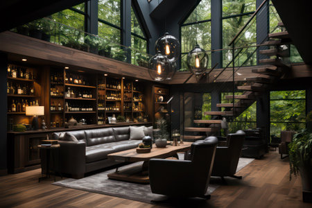 Interior of a modern bar with black leather sofas and wooden tablesの素材