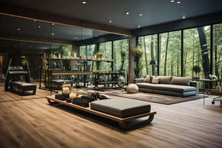Interior of modern living room with wooden floor, sofa and coffee tableの素材