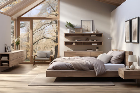 Interior of modern bedroom with wooden bed, pillows and bookcaseの素材
