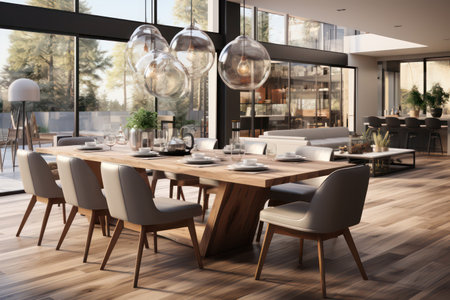 Dining room interior with wooden table and chairs. 3d renderingの素材