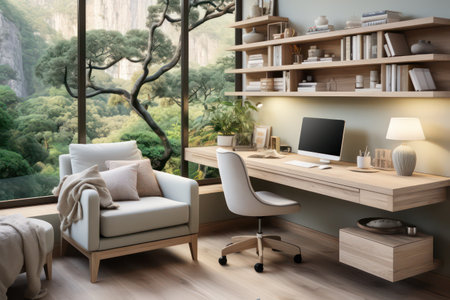 Cozy home office interior with wooden desk, chair, coffee table, bookshelves and panoramic window. 3D Renderingの素材