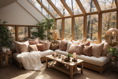 Interior of a modern living room with a large window overlooking the countrysideの素材