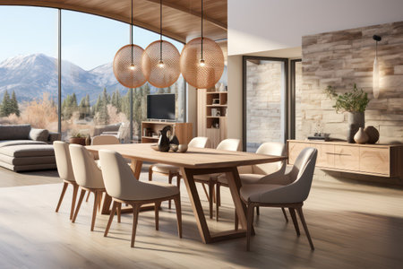 Modern living room interior with wooden walls, wooden floor, panoramic window and dining table. 3d renderingの素材