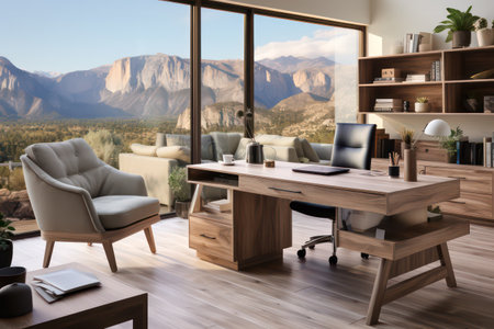 Modern living room interior with mountain view. 3d rendering mock upの素材