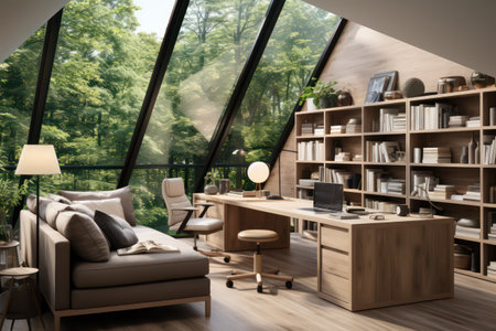 Interior of a modern office with a bookcase and a large window. 3d renderingの素材