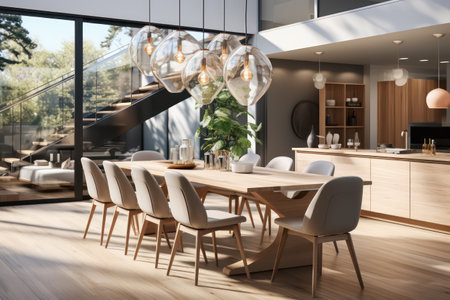 Modern dining room interior with furniture and panoramic window. 3D Renderingの素材