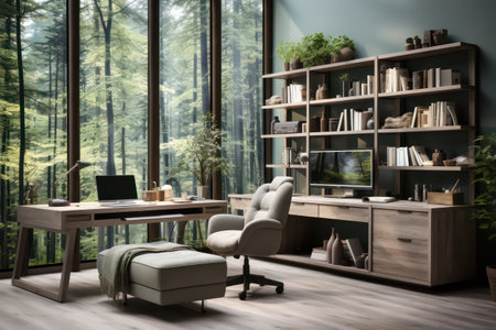 Interior of modern living room with wooden furniture, bookshelf and window with green forest. 3d renderingの素材