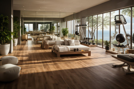Interior of a modern living room with a view of the seaの素材