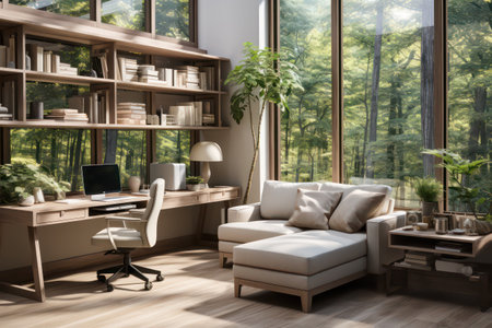 Interior of modern living room with sofa, bookshelf, coffee table and bookshelf. 3d renderingの素材