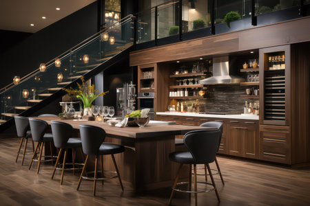 Interior of modern restaurant with dark wooden walls, wooden floor, bar counter with stools and gray chairs. 3d renderingの素材