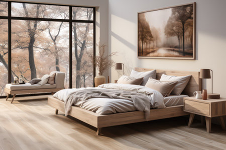 Modern bedroom interior with a wooden bed. 3d rendering mock upの素材