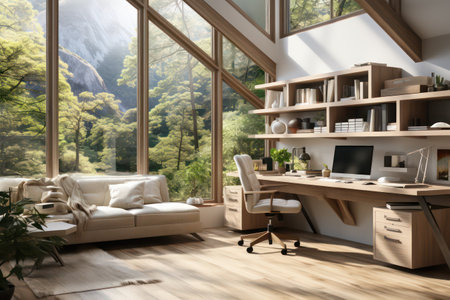 Interior of modern living room with wooden walls, wooden floor, panoramic window and bookcase. 3d renderingの素材