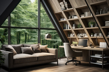 Interior of attic living room with wooden walls, wooden floor, comfortable brown sofa and bookcase. 3d renderingの素材