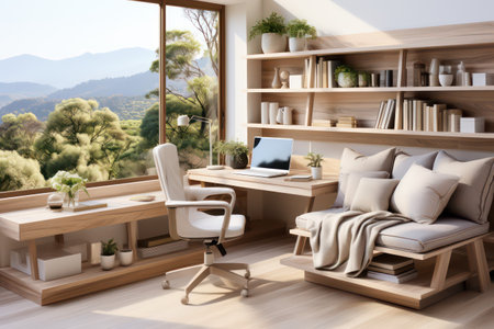 Modern home office interior with furniture and computer. 3d rendering mock upの素材