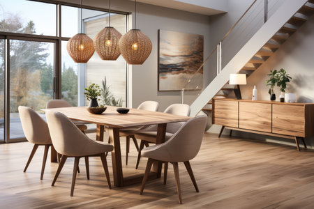 Interior of modern dining room with wooden walls, wooden floor, comfortable round table with beige chairs and wooden cupboards. 3d renderingの素材
