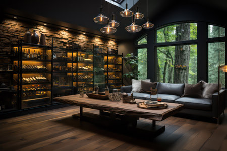 Interior design of modern living room with black walls, wooden floor, sofa, coffee table, bookshelf and big windowの素材