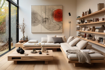 Modern living room interior design, scandinavian style. 3d renderの素材