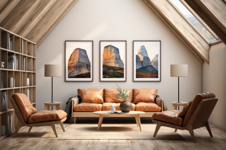Interior of modern living room with brown sofa, bookshelf and brown armchairs. 3d renderingの素材