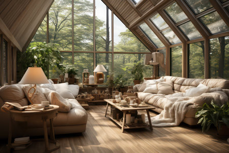 Interior of a modern living room with a large window overlooking the countrysideの素材