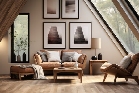 Interior of attic living room with brown sofa and brown armchairの素材
